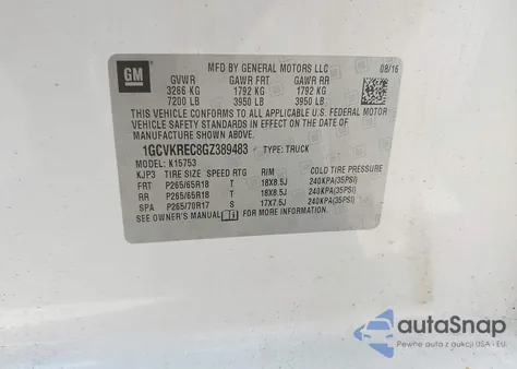 2016 Chevrolet Silverado 1500 1Lt from USA, damaged, VIN 1GCVKREC8GZ389483